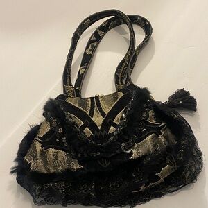 All The Fun In One Funky Black & Gold Bedazzled Brocade Shoulder Bag